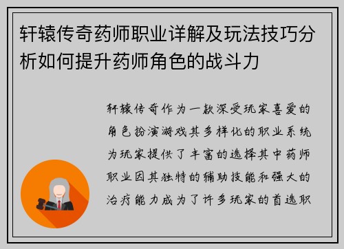 轩辕传奇药师职业详解及玩法技巧分析如何提升药师角色的战斗力